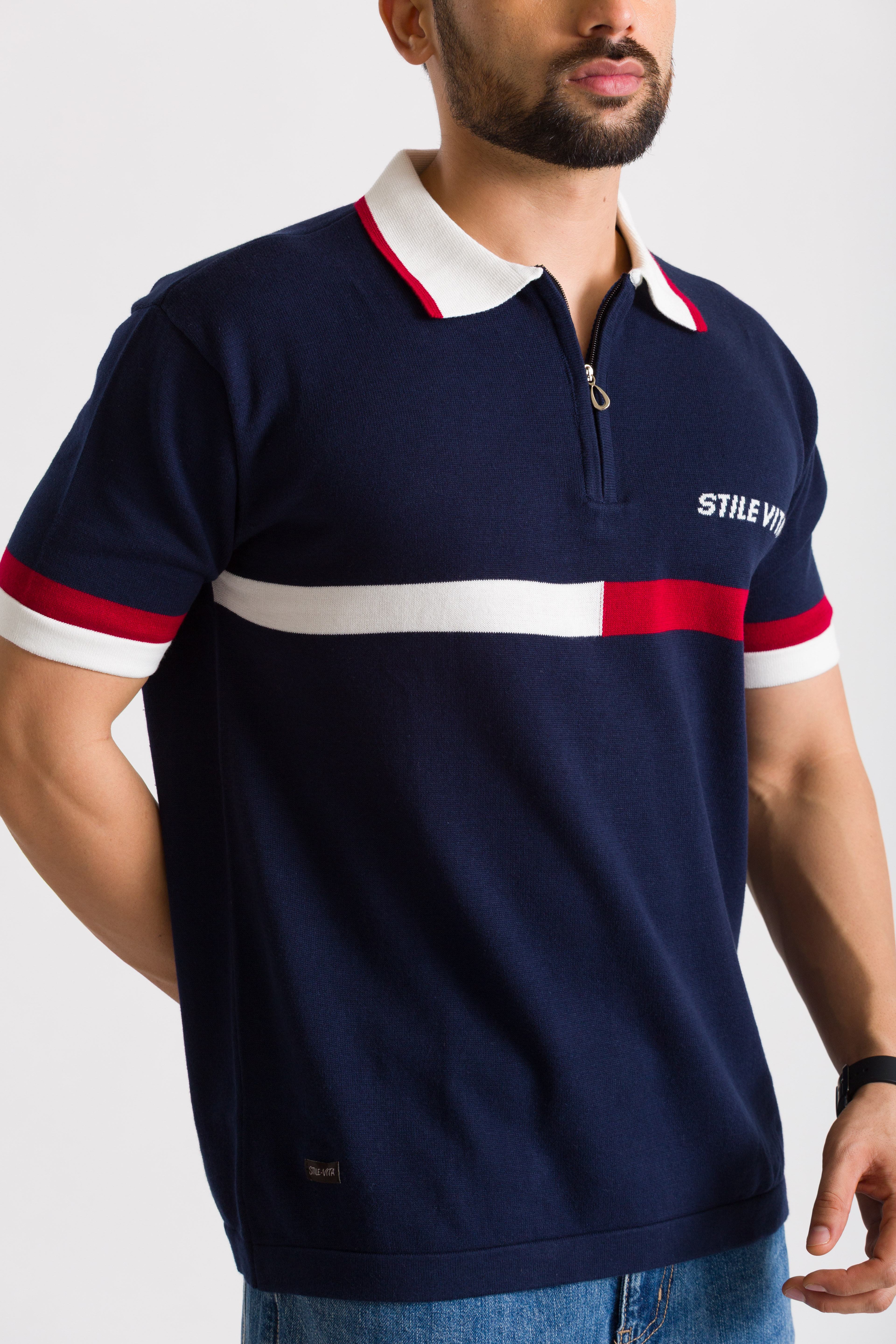 Knitted Navy Blue (Red & White Stripes) Polo T-Shirt